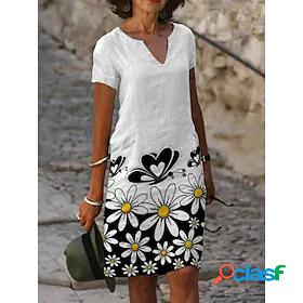 Womens Knee Length Dress A Line Dress White Short Sleeve