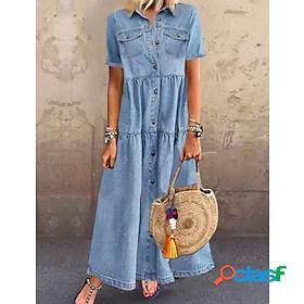 Womens Maxi long Dress Denim Shirt Dress Dark Blue Light