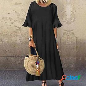 Women's Maxi long Dress Shift Dress Black Half Sleeve Ruched