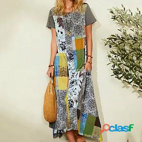 Womens Maxi long Dress Shift Dress Grey Short Sleeve Print