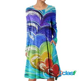 Womens Midi Dress A Line Dress Blue Pink Rainbow Long Sleeve