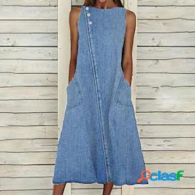 Women's Midi Dress A Line Dress Blue Sleeveless Pocket