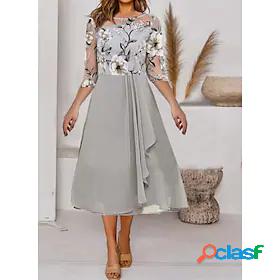 Women's Midi Dress A Line Dress Gray Half Sleeve Mesh Print