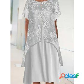 Womens Midi Dress A Line Dress Gray Silver Short Sleeve