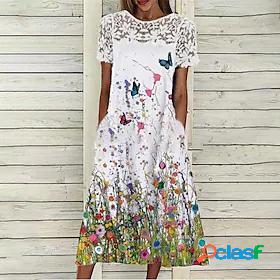 Womens Midi Dress A Line Dress White Short Sleeve Pocket