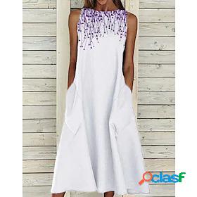 Womens Midi Dress A Line Dress White Sleeveless Print Floral