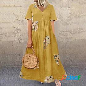 Womens Midi Dress A Line Dress Yellow Orange Short Sleeve