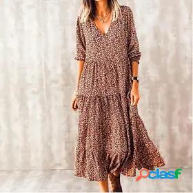 Womens Midi Dress Swing Dress Blue Brown Long Sleeve Print