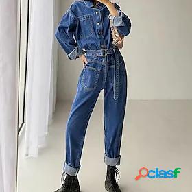 Womens Overall Solid Color Pocket Casual Shirt Collar Cargo