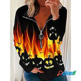 Women's Pumpkin Flame Sweatshirt Pullover Quarter Zip Print