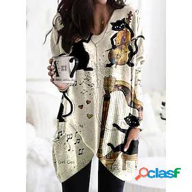Women's Shift Dress Short Mini Dress Long Sleeve Print Cat