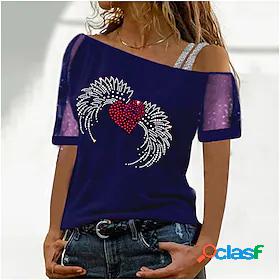 Women's Shirt Graphic Heart Off Shoulder Patchwork Print