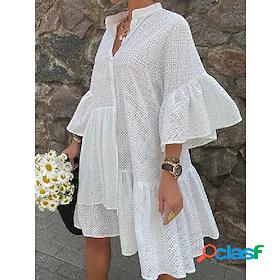 Women's Short Mini Dress Loose White Black Long Sleeve Solid