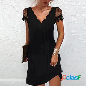 Womens Short Mini Dress Shift Dress Black Short Sleeve Lace