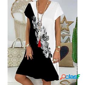 Womens Short Mini Dress Shift Dress Black Short Sleeve Print