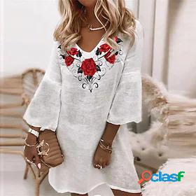 Women's Short Mini Dress Shift Dress White 3/4 Length Sleeve