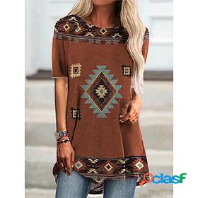 Women's T shirt Bohemian Theme Geometric Plaid Tribal Round