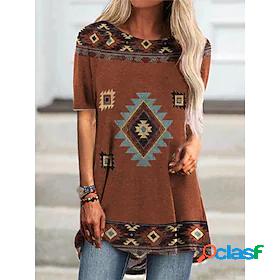 Womens T shirt Bohemian Theme Geometric Plaid Tribal Round