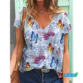 Women's T shirt Butterfly Butterfly Flower V Neck Patchwork