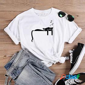 Womens T shirt Cat Round Neck Print Basic Tops 100% Cotton