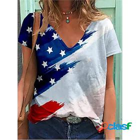 Womens T shirt Color Gradient Flag V Neck Patchwork Print