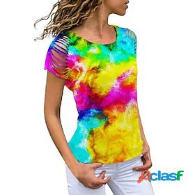 Womens T shirt Color Gradient Round Neck Cut Out Basic Tops