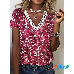 Womens T shirt Floral Theme Painting Floral V Neck Lace
