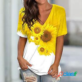 Women's T shirt Floral Theme Painting Sunflower V Neck Print
