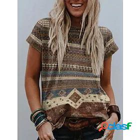 Womens T shirt Geometric Round Neck Basic Tops Green Brown