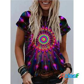 Women's T shirt Graphic Tribal Flower Round Neck Patchwork