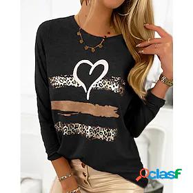 Women's T shirt Heart Leopard Round Neck Basic Tops Black