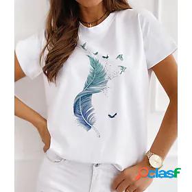 Womens T shirt Painting Bird Feather Round Neck Print Basic