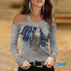 Women's T shirt Painting Feather V Neck Cut Out Print Basic