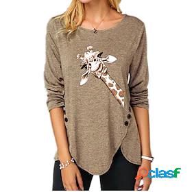 Women's T shirt Painting Giraffe Animal Round Neck Button