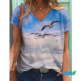 Womens T shirt Painting Graphic Bird V Neck Print Basic