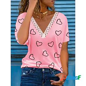 Womens T shirt Painting Heart V Neck Print Basic Tops Pink /