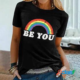 Women's T shirt Painting Rainbow Text Round Neck Print Basic