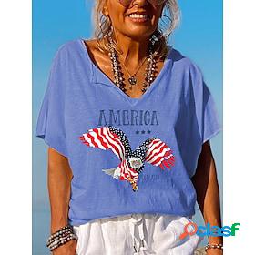 Women's T shirt Painting Text American Flag V Neck Print