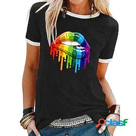 Womens T shirt Rainbow Lip Round Neck Patchwork Print Basic