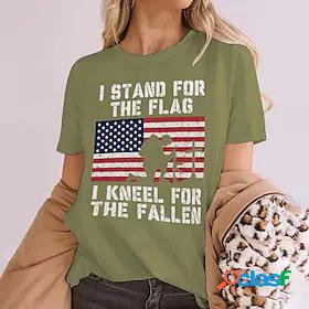 Womens T shirt Tee Painting Text American Flag Round Neck