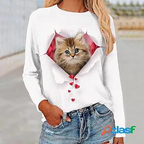 Women's T shirt Valentine's Day 3D Cat Painting Cat Heart 3D
