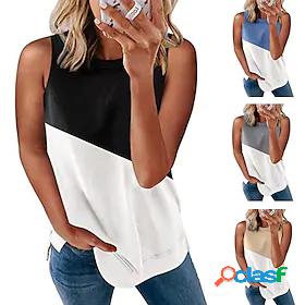 Womens Tank Color Block Basic Striped Round Neck Summer