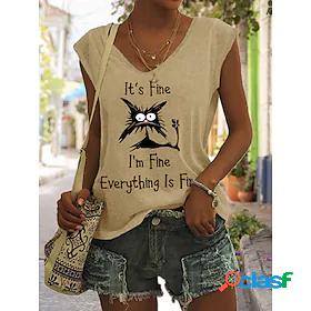 Womens Tank Top Camis Cat Letter V Neck Print Casual