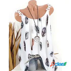 Womens Tank Top Camis Striped Feather Round Neck Print