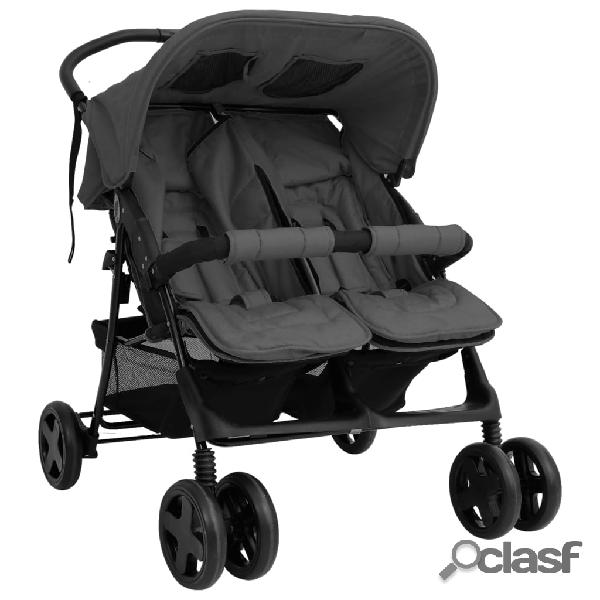 vidaXL Passeggino Gemellare Grigio Scuro in Acciaio