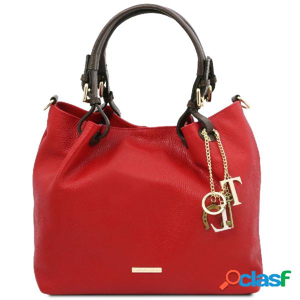 Borsa shopping in pelle morbida Rosso Lipstick