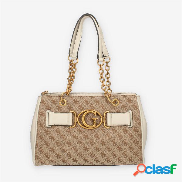 Guess Borsa a spalla a tre scomparti avorio e logato marrone