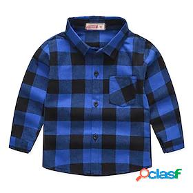 Kids Boys Shirt Long Sleeve Pocket Plaid White Blue Red