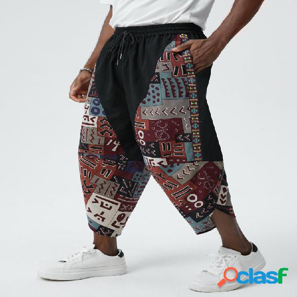 Mens Tribal Geometric Print Patchwork Loose Cropped