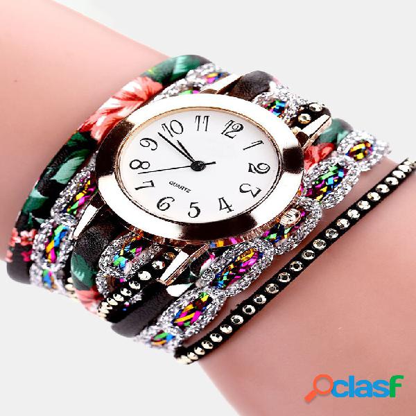 Orologi da donna Fiore in pelle Strass Bracciali Quadrante